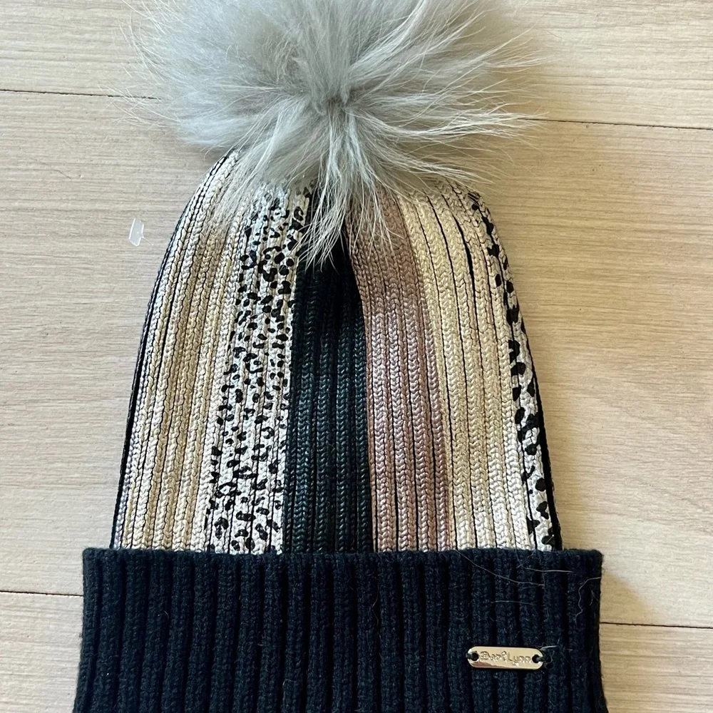 Bari Lynn Metallic Leopard Beanie Black/Silver Metallic - New with Tag